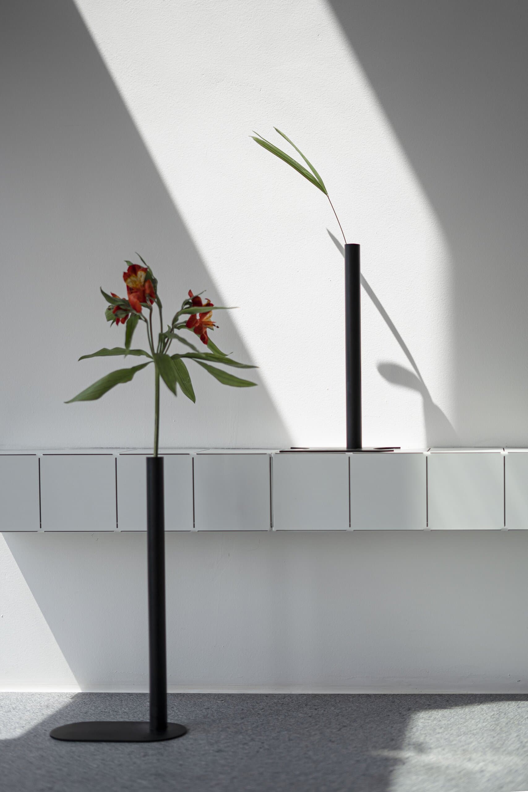 Two tall black bud vases with orange lilies against a white wall cut by sunlight.