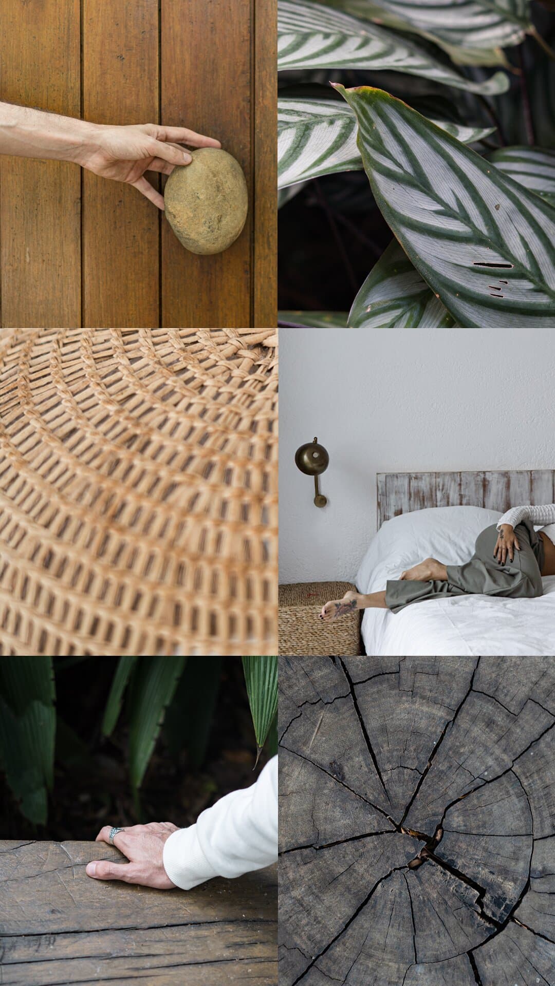 A grid of six details: the stone door handle, striped leaves, woven rattan, a bed, a hand on timber and a cut tree trunk.