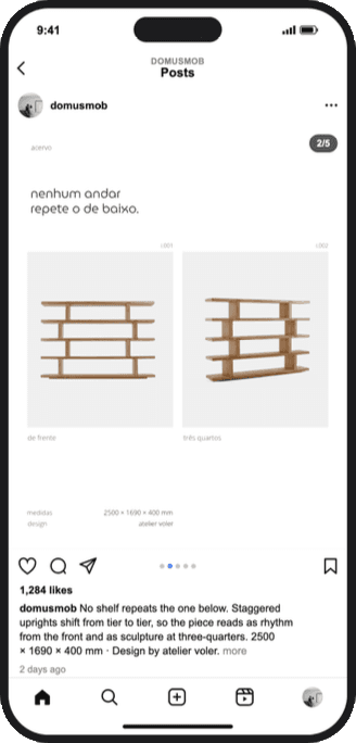 A Domus Mob carousel post on a phone: a timber shelving unit shown from the front and at three-quarters.