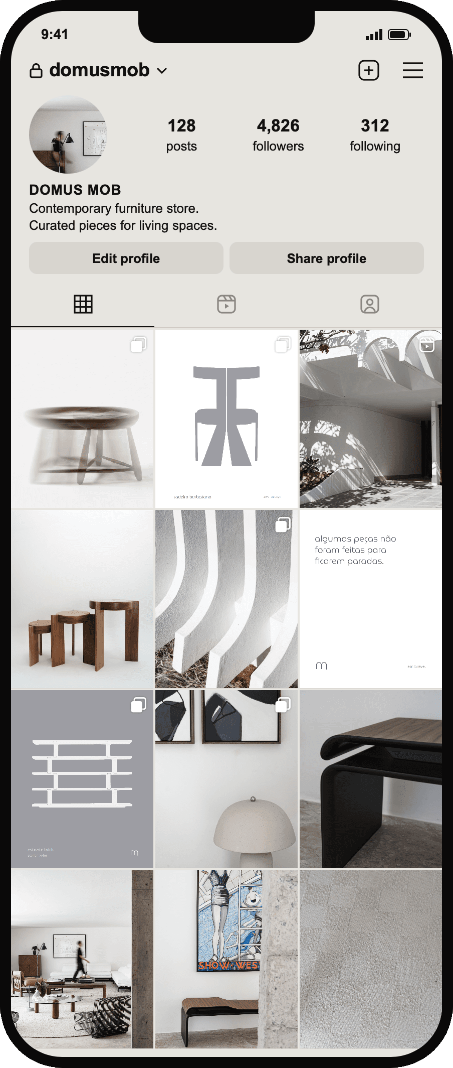 Domus Mob's Instagram profile on a phone: a grid of furniture, objects and interiors in a quiet, consistent palette.
