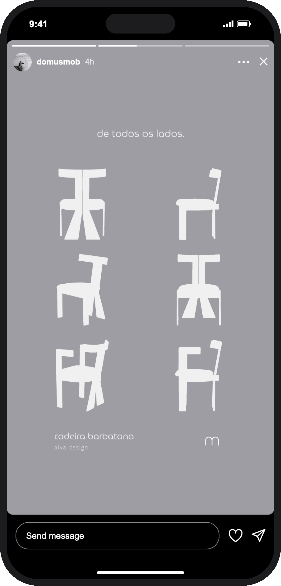A Domus Mob story on a phone: white silhouettes of the Barbatana chair from every side on a grey ground.