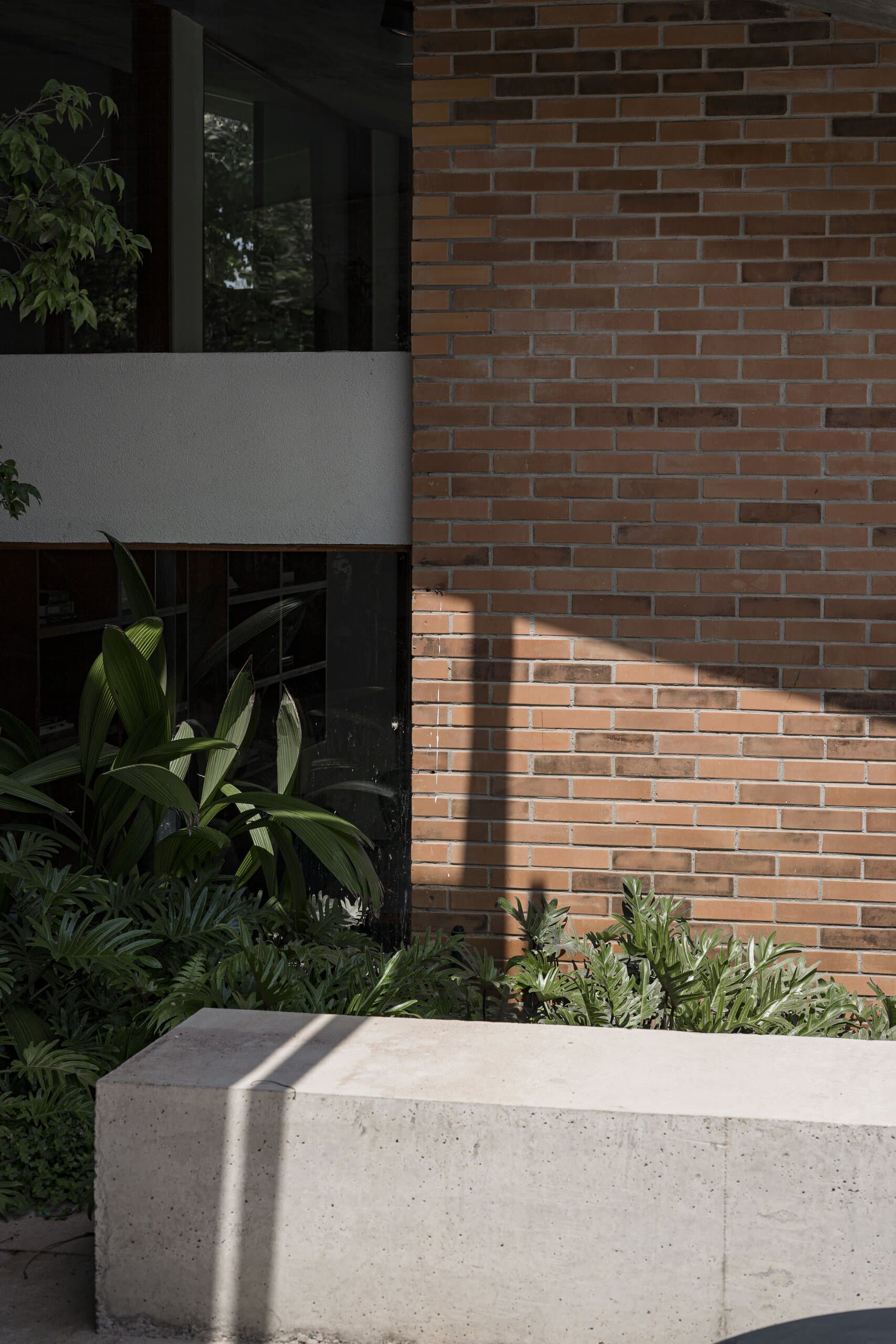 Uma parede de tijolos vermelhos e um longo banco de concreto entre plantas tropicais, cortado por uma faixa de sol.